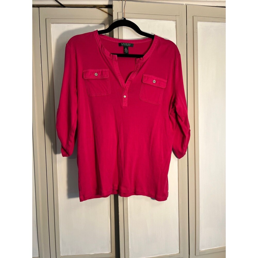 Lauren Ralph Lauren Button Up Sleeve, Pocketed, V-Neck Pink Blouse; Size XL
